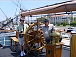 Jim Kress, Rusty Howell, on board the California at the Maritime Museum